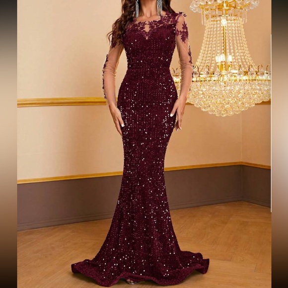 Luxe mesh lace sleeves mermaid hem party sequins dress - Picture 2 of 7